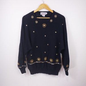 Vintage BG Street 80's Black Cotton Knit Beaded Sweater